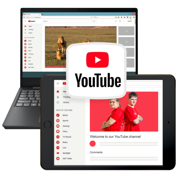 An image of two laptops with the YouTube website and logo open on both.