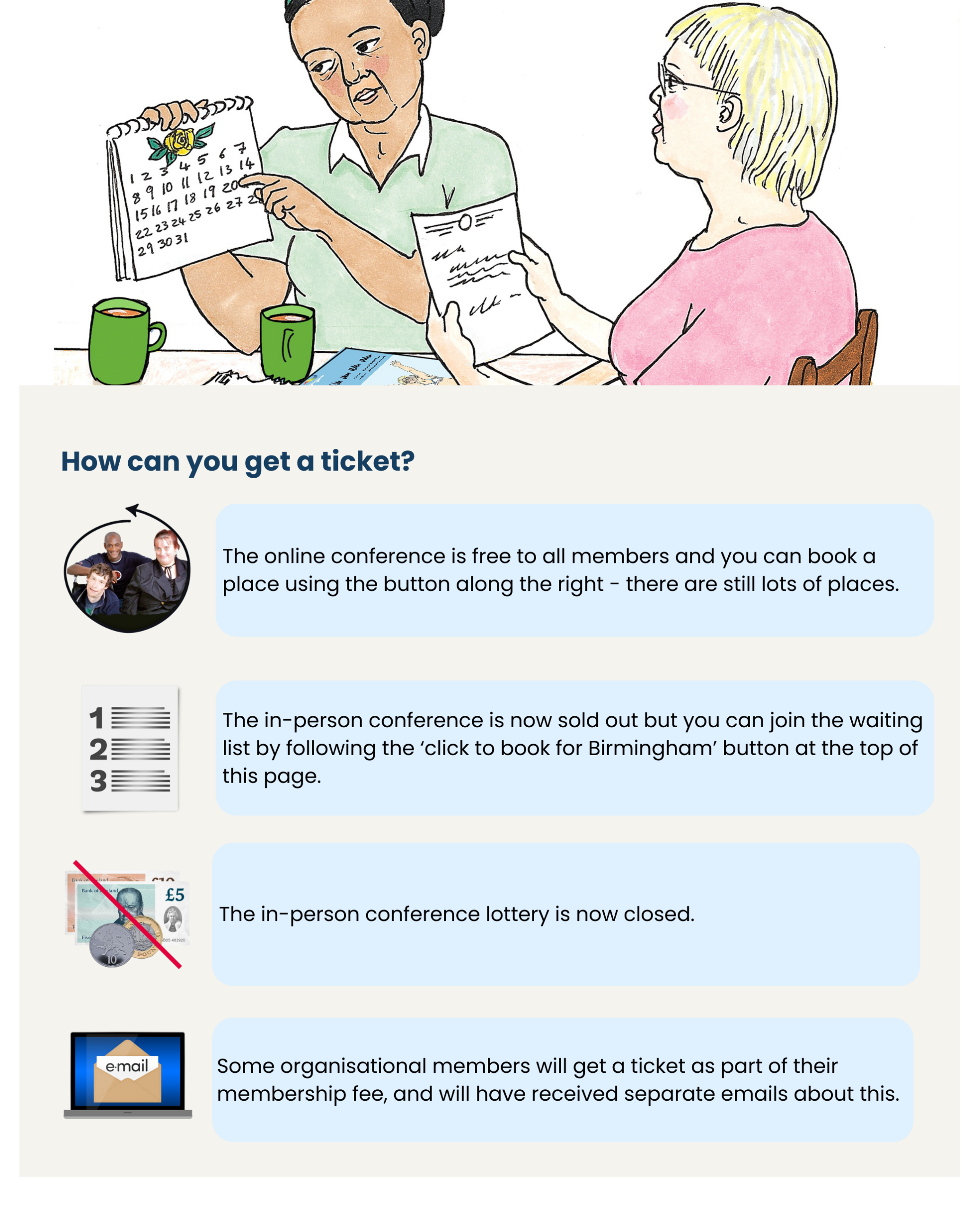 Hand-drawn illustration at the top of the page shows two people seated at a table with two green mugs. One person is holding up a calendar marked with numbered dates and a small flower, pointing to a specific date, while the other person holds a sheet of paper and appears to be discussing it. Below the illustration is a webpage section titled “How can you get a ticket?”. The section lists several ways to access a conference: the online conference is free for all members and can be booked using a button on the right side of the page; the in-person conference is sold out, but users can join a waiting list by clicking a “book for Birmingham” button at the top of the page; the in-person conference lottery is closed; and some organisational members will receive a ticket as part of their membership and have been informed by email.