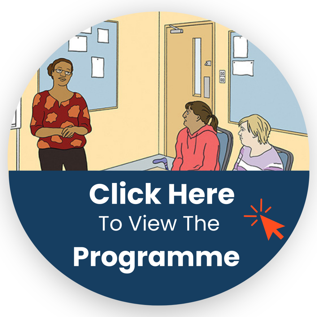 Illustration of a small group meeting, with a large blue button that says ‘Click here to view the programme’, with a cursor icon.